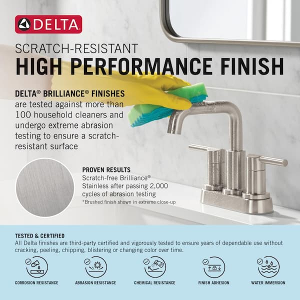 Delta Foundations 4 in. shops Centerset 2-Handle Hi-Arc Bathroom Faucet Brushed Nickel