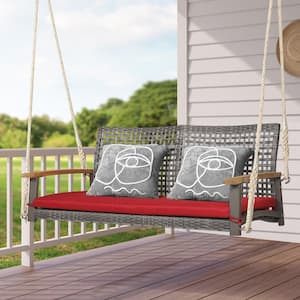 2-Person Wood Patio Wicker Hanging Porch Swing Chair with Red Cushion