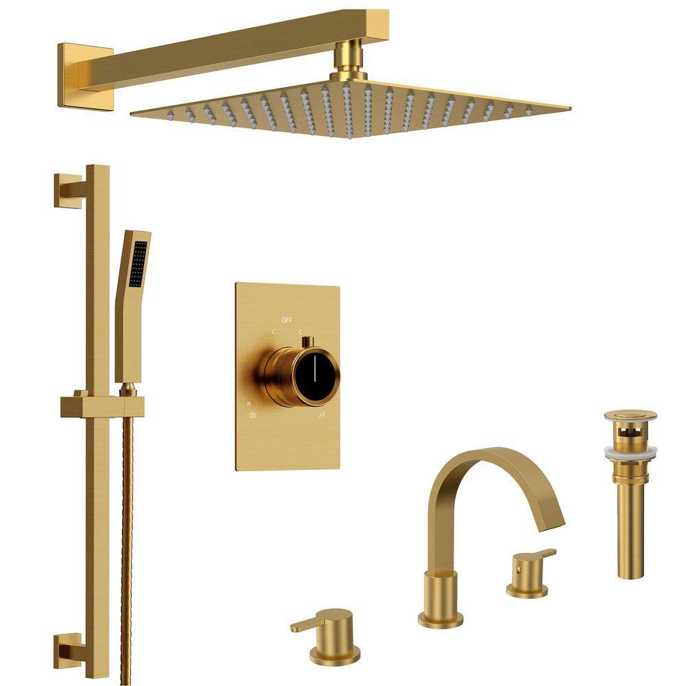 2-Spray 10 in. Wall Mount Shower Faucet with 8 in. Widespread Double Handle Bathroom Sink Faucet in Brushed Gold price history on PriceWatchPro
