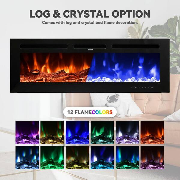 60 in. 400 sq. ft. Wall-Mount/Recessed LED Electric Fireplace Insert with Remote Control, Adjustable Heating