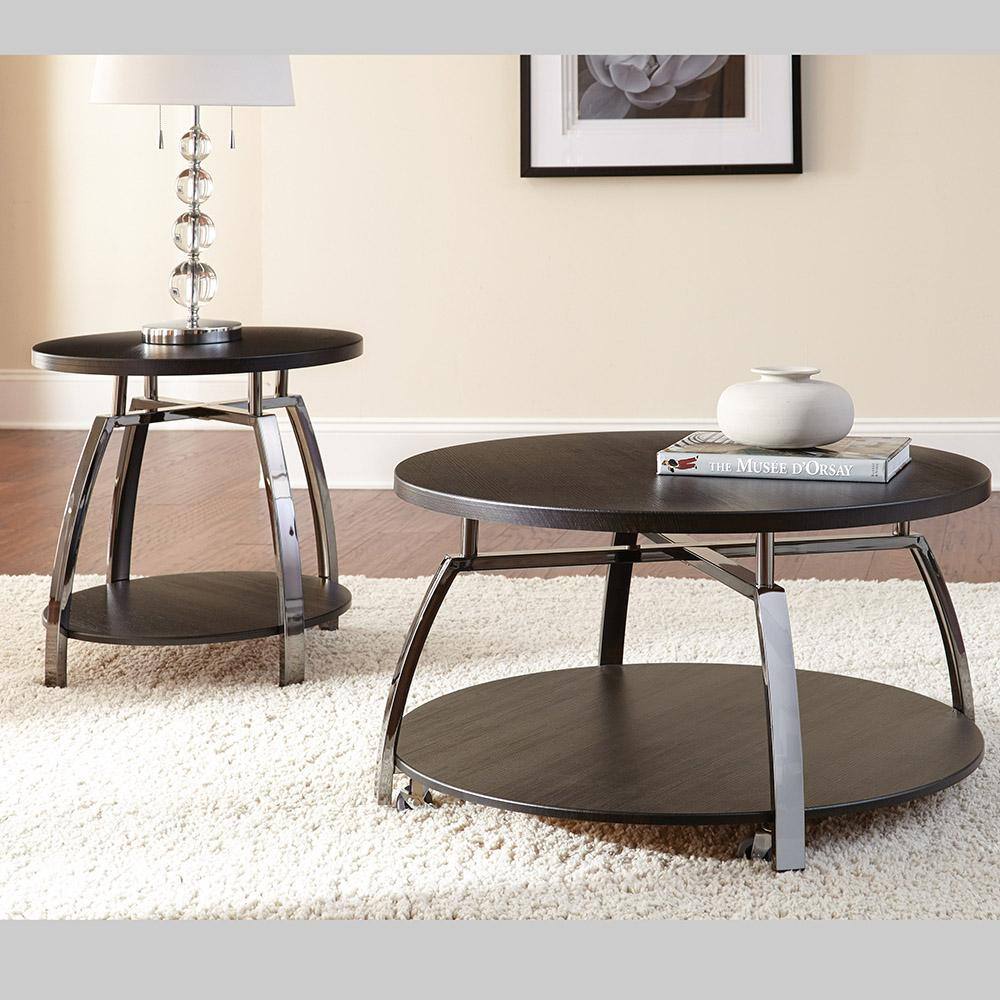 Round Black Nickel and Wood Coffee Table with Casters