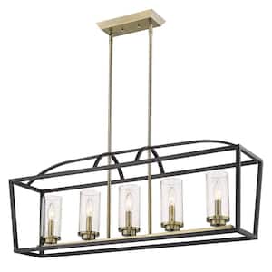 Mercer 5-Light Linear Pendant in Matte Black with Aged Brass Accents and Seeded Glass