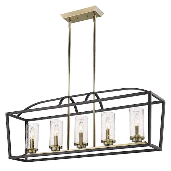 Golden Lighting Mercer 5-Light Linear Pendant in Matte Black with Aged Brass Accents and Seeded Glass