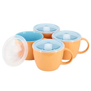 On The Go 25 fl. oz. Peach Orange Stoneware Soup Bowl Cup Set of 4 with Lids