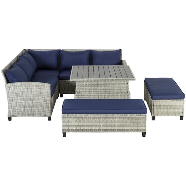 Sudzendf Gray 6-Piece Wicker Patio Conversation Set with Blue Cushions, Lifting Coffee Table and Ottoman