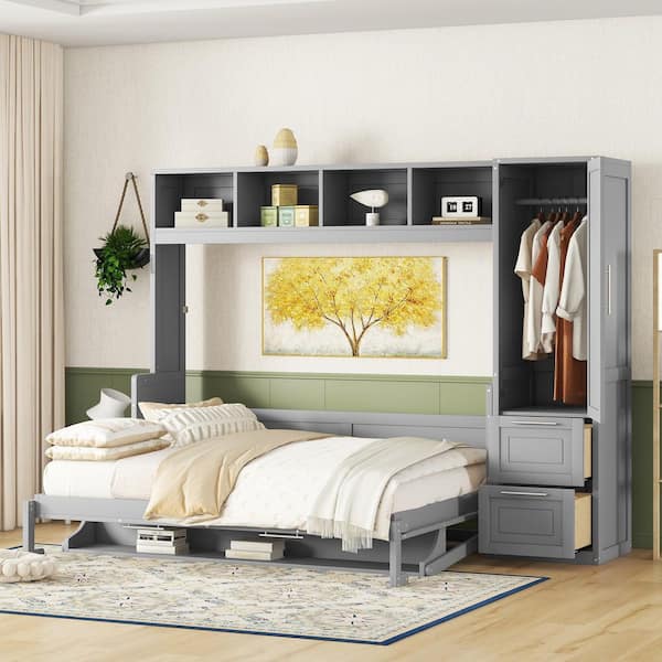 Harper & Bright Designs Gray Multifunctional Wood Frame Queen Size Murphy Bed with Closet and Drawers