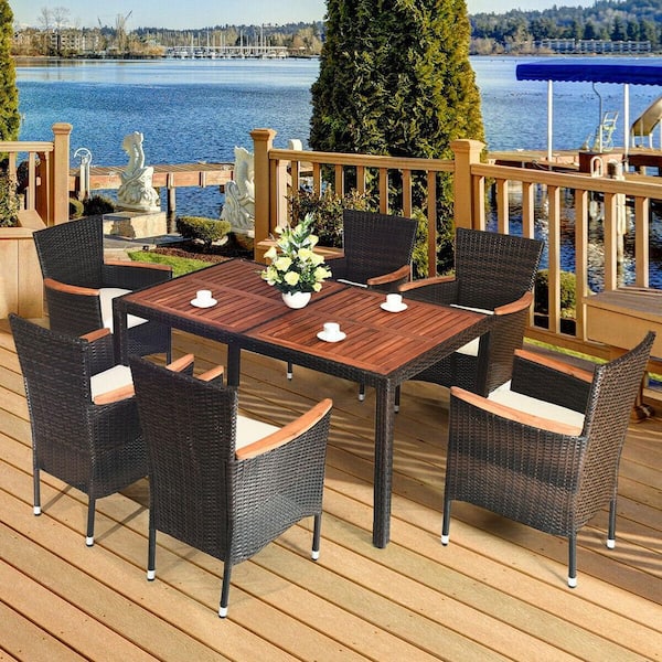 7-Piece Wood Outdoor Dining Set with Acacia Wood Table and Beige Cushion