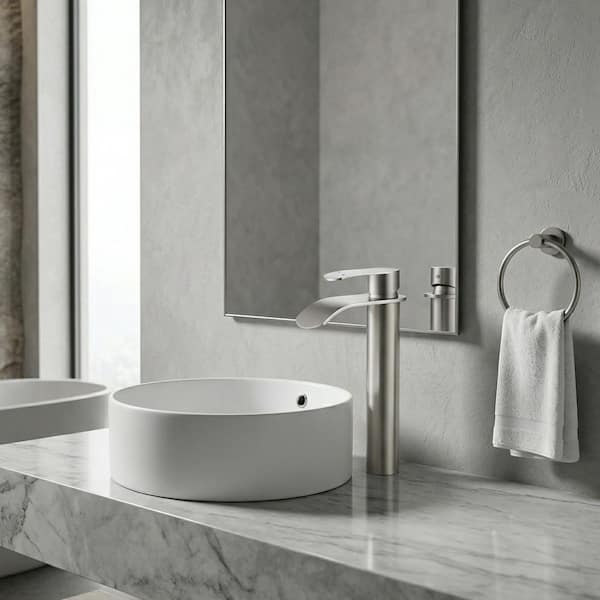 Single Handle High-Arc Single Hole Bathroom Faucet with Pop Up Drain Included and Waterfall Spout in Brushed Nickel