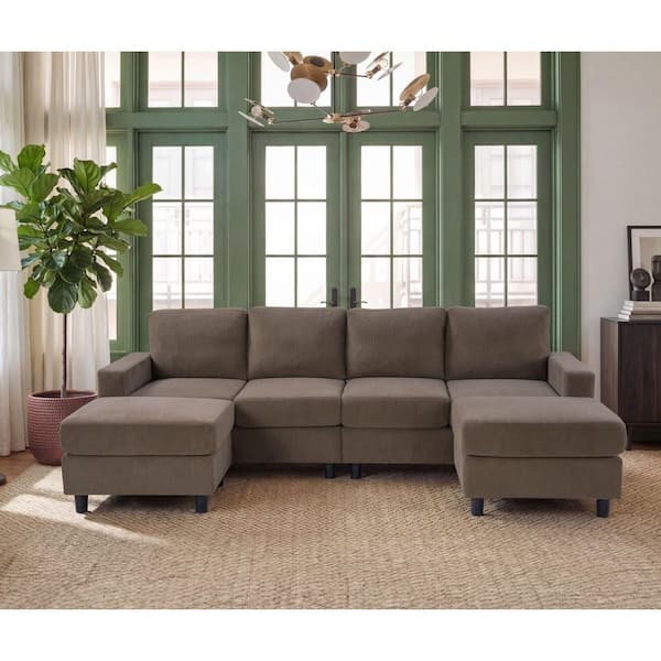 Lincoln 98.8 in. Square Arms 6-Piece Corduroy U-Shaped Modular Sectional Sofa in Brown with 2 Ottomans
