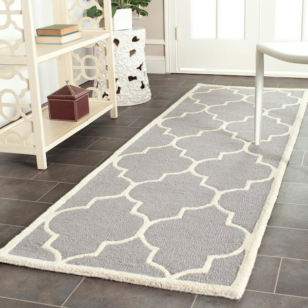 Cambridge Silver/Ivory 3 ft. x 6 ft. Border Geometric Trellis Runner Rug