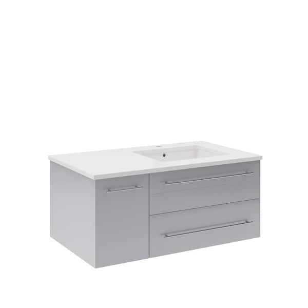 Fresca Lucera 36 in. Single Sink Wall Mount Gray Bath Vanity with White Quartz Top and Undermount Sink - Right Version