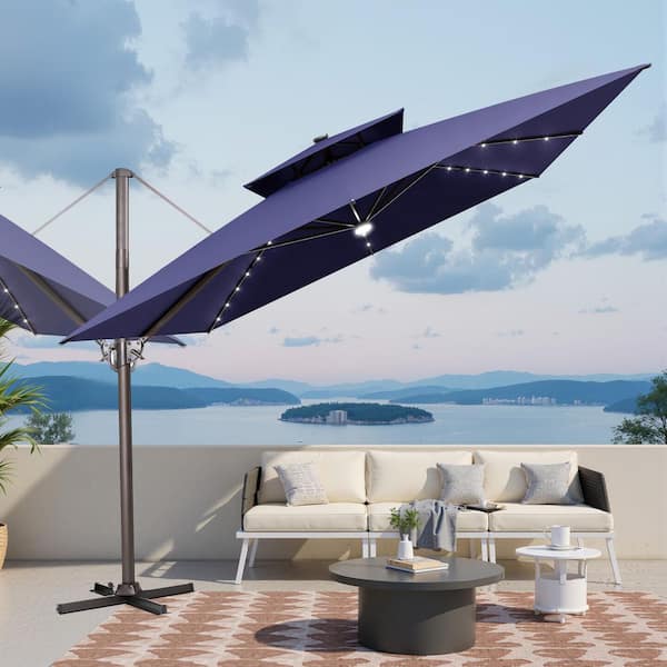 CLOUDFLY 11 ft. x 11 ft. Solar LED Cantilever Umbrella and 240 lbs. Stand  Double Top Outdoor Offset Patio Umbrella in Navy Blue 87PUL33UBLKNAV - The  Home Depot