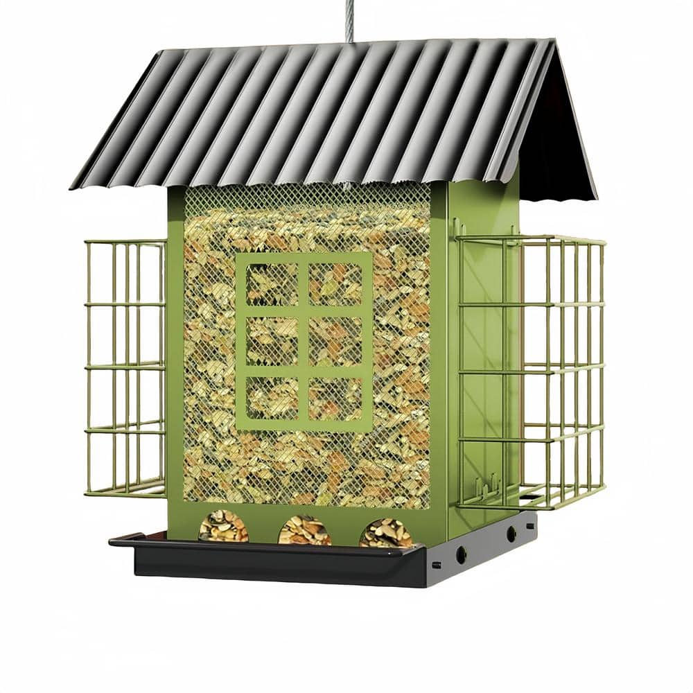 Green Metal Large Capacity Bird Feeders with Double Suet Cage Cake for Outd