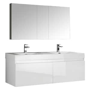 Mezzo 59 in. Vanity in White with Acrylic Vanity Top in White with White Basins and Mirrored Medicine Cabinet
