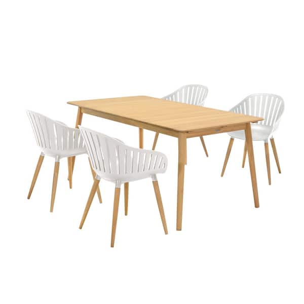 Armen Living Nassau Natural Wood 5-Piece Outdoor Dining Set with Table and Sand Taupe Arm Chairs