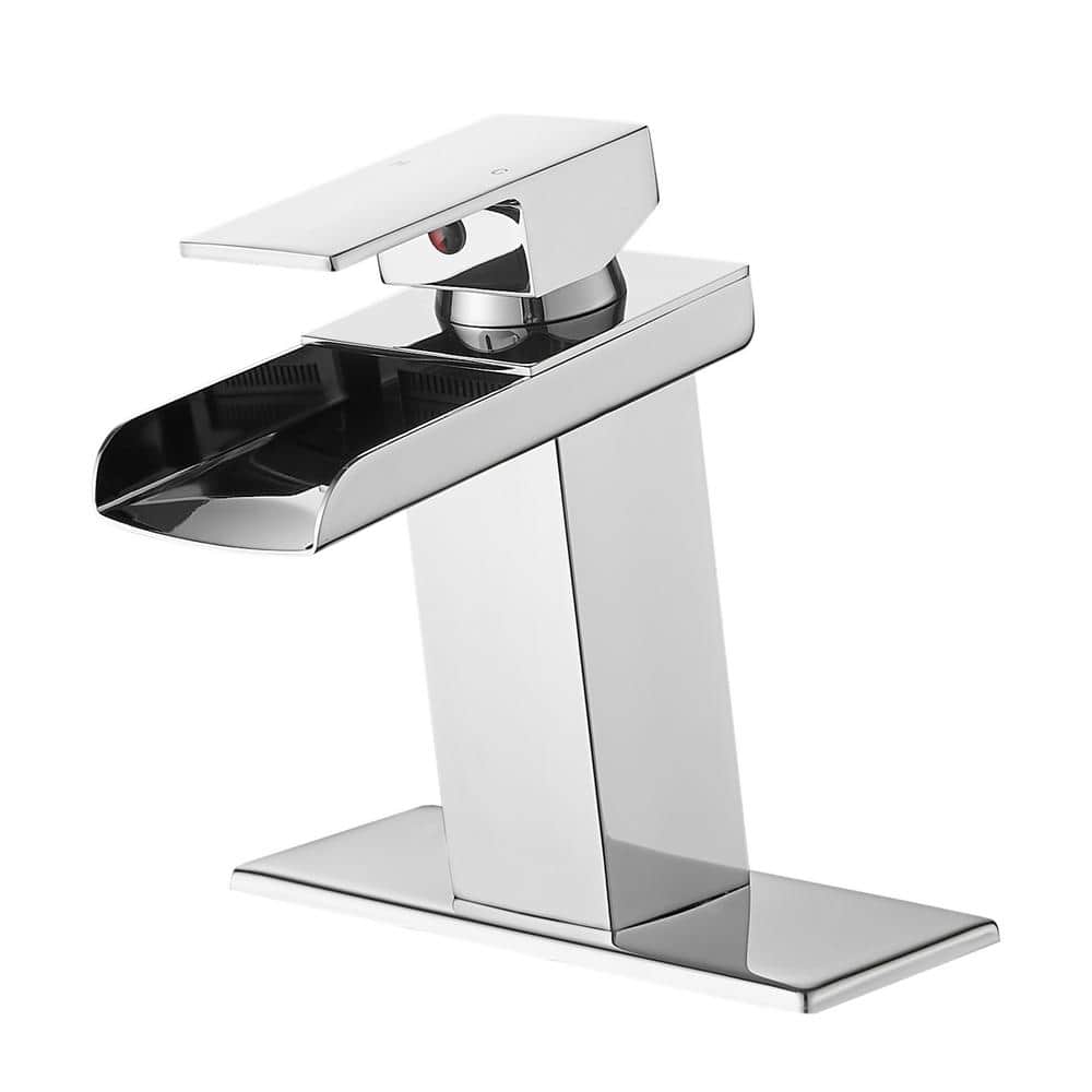 Single Handle Single Hole Bathroom Faucet with Deck Plate, Waterfall Square