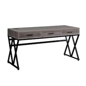 59 in. Rectangular Gray and Black Wood Top 3-Drawer Writing Desk with Metal Frame