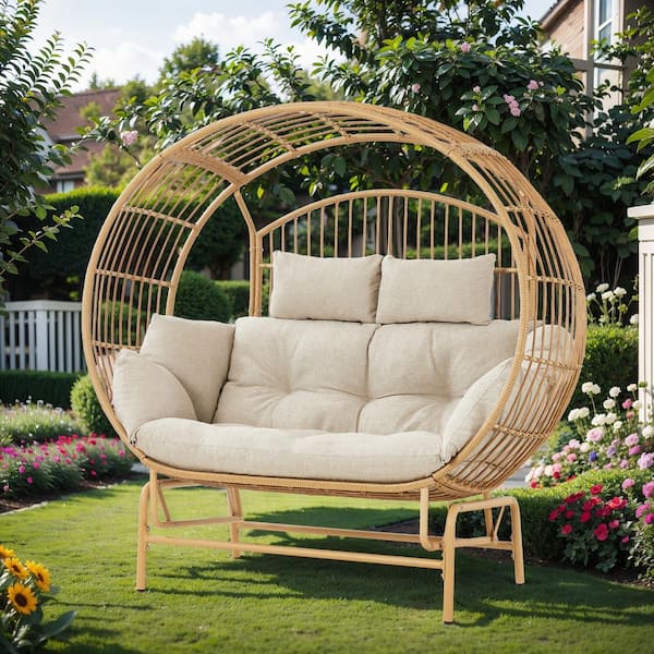 Buenaola Nyajiah 2-Person Yellow Rocking Wicker Outdoor Lounge Egg Chair with Beige Cushions (1-Pack)
