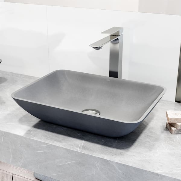 VIGO Dunn Gray Concreto Stone Rectangular Vessel Bathroom Sink and Vessel Faucet in Chrome with Pop-Up Drain in Chrome
