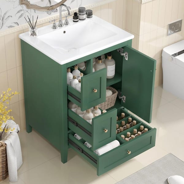 NURVIA 24 in. Single Sink Freestanding Green Bath Vanity with White Ceramic Top Unassembled