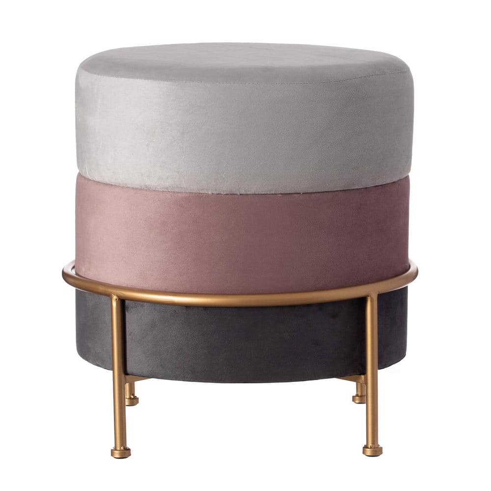 Vintiquewise Round Velvet Ottoman Stool 16 in. Tall Tricolor with Gold Metal Stand, Multi