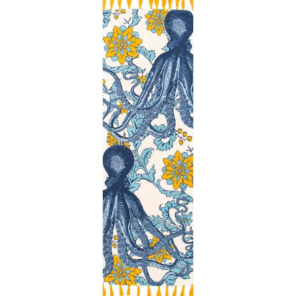 Thomas Paul Contemporary Floral Octopus Multi 3 ft. x 10 ft. Runner Rug
