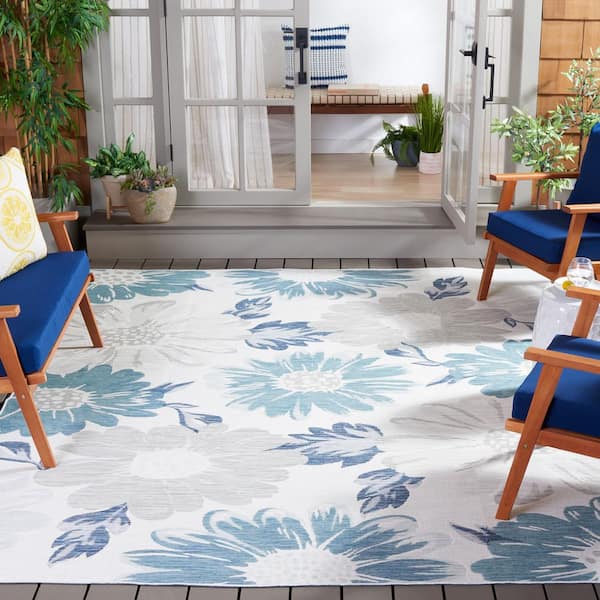Sunrise Ivory/Blue Gray 8 ft. x 10 ft. Reversible Oversized Floral Indoor/Outdoor Area Rug
