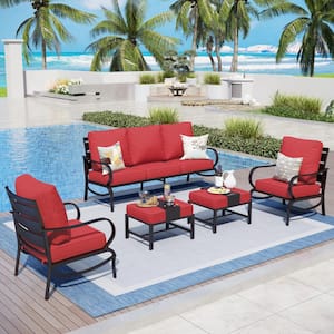 Black 5-Piece Metal Slatted 7-Seat Outdoor Patio Conversation Set with Red Cushions and 2 Ottomans