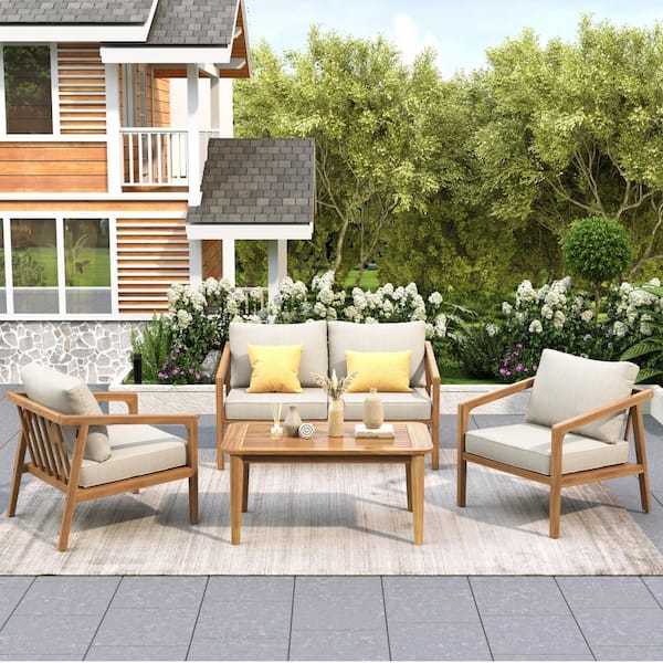 Marquise 4-Piece Outdoor Patio Conversation Set with Beige Cushions, Acacia Wood, Coffee Table, Teak