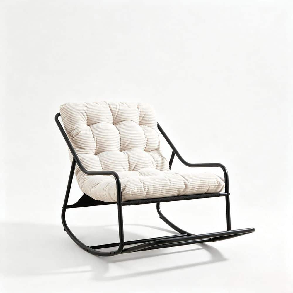 32 in. Black Metal Outdoor Rocking Chair with White Thick Soft Cushion for Patio Porch Living Room