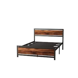 Black Metal and Wood Bed Frame with Headboard and Footboard, Queen Size Platform Bed, No Box Spring Needed