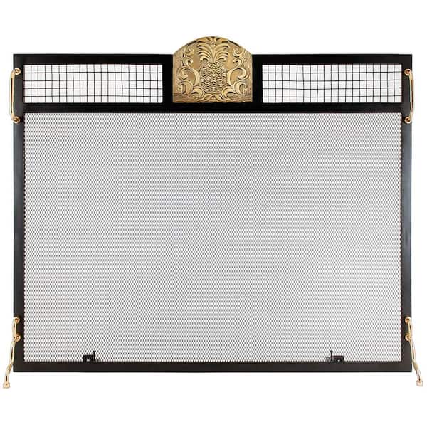 Unbranded 38 in. L Antique Brass and Matte Black 1-Panel Pineapple Emblem Fireplace Screen