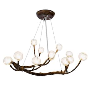 12-Light Vintage Style Adjustable Height Brown Resin Chandelier with Clear Glass Shades