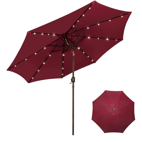 Unbranded 9 ft. Iron Market Solar Push-Button Tilt Patio Umbrella in Burgundy