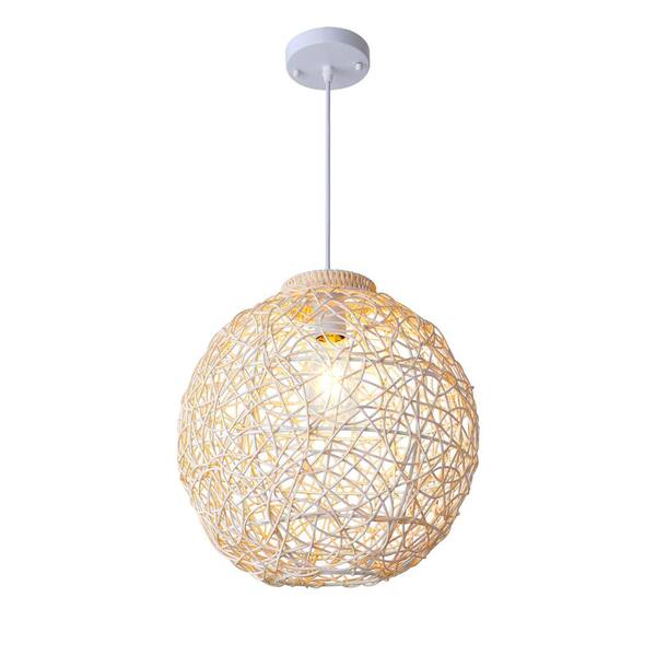 Unbranded 1-Lignt White Boho Modern Globe Rattan Pendant Light Fixtures with Rattan Shade for Dining Room No Bulbs Included