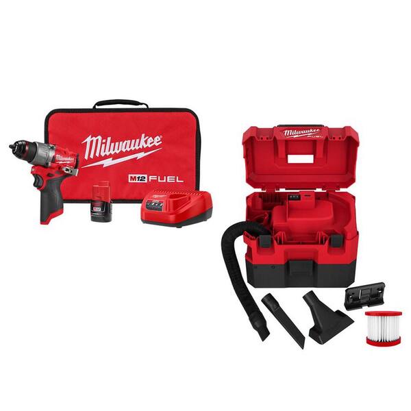M12 FUEL 12-Volt Li-Ion Brushless Cordless 1/2 in. Hammer Drill w 2.0Ah Battery, Charger & M12 FUEL 1.6 Gal. Wet/Dry Vac