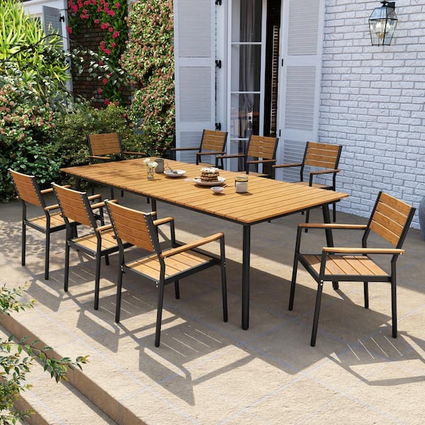 Pellebant 9 of Pieces Aluminum Metal Outdoor Patio Dining Set with Umbrella Hole and Stackable Chairs, Brown