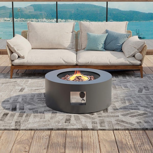 UPHA 28 in. 40,000 BTU Dark Gray Round Iron Outdoor Propane Gas Fire Pit Table with Lid