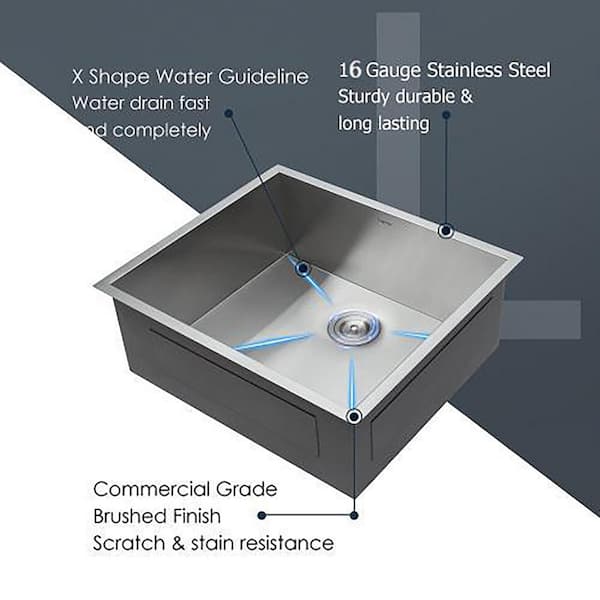 Timussi 25 in. Undermount Single Bowl 16 Gauge Brushed Nickel