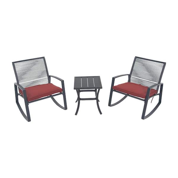 3-Piece Metal Rocking Outdoor Bistro Set with Red Cushion and Table