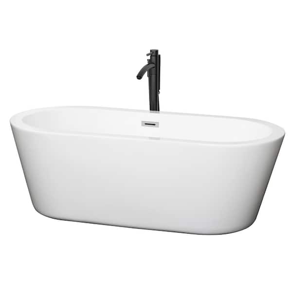 Wyndham Collection Mermaid 67 in. Acrylic Flatbottom Bathtub in White with Polished Chrome Trim and Matte Black Faucet
