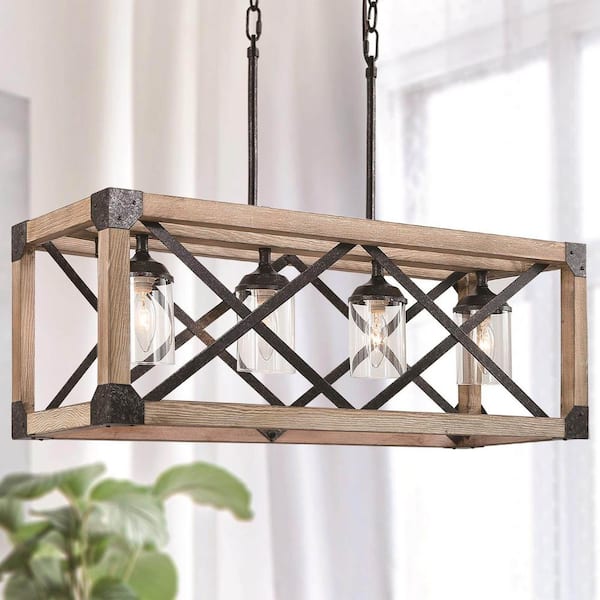 Farmhouse Wood Island Chandelier, Distressed Black Hanging Ceiling Light 4-Light Modern Pendant with Clear Glass Shades