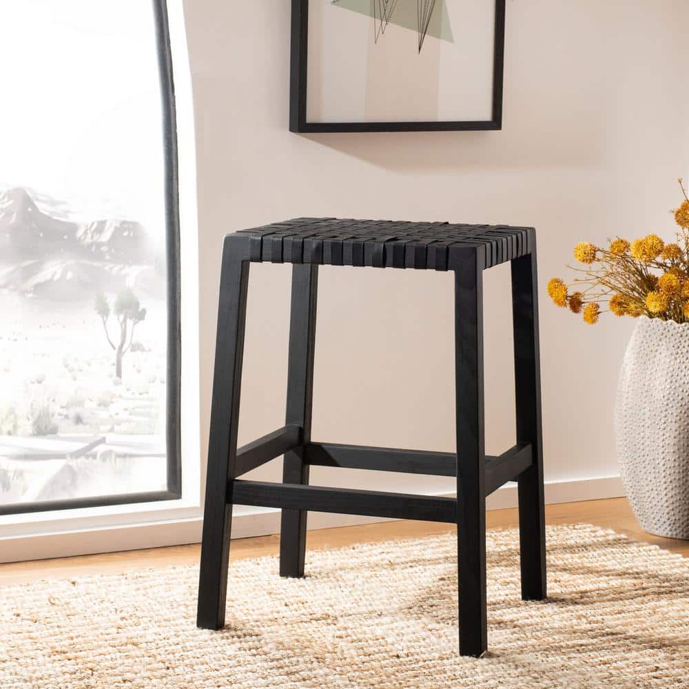 Transitional Capri Black Leather & Wood 27" Counter Stool