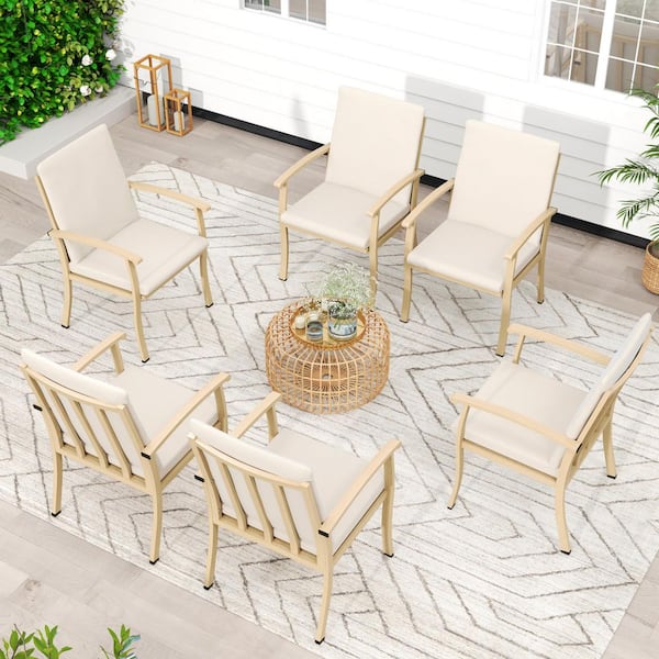 AluLux Beige Aluminum Patio Dining Chairs with Beige Cushions (6-Pack)