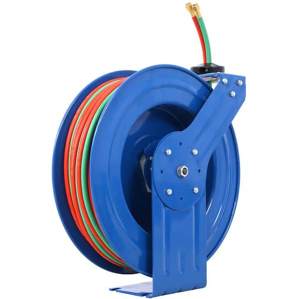 Welding Hose Reel Retractable 1/4 in x 100 ft Twin Oxygen Acetylene Rubber Hoses Duty Max 200PSI Heavy Duty Single Arm
