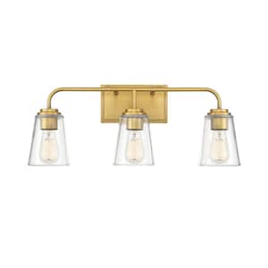 24 in. W x 9.75 in. H 3-Light Natural Brass Bathroom Vanity Light with Clear Glass Shades