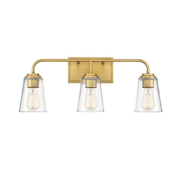 TUXEDO PARK LIGHTING 24 in. W x 9.75 in. H 3-Light Natural Brass Bathroom Vanity Light with Clear Glass Shades