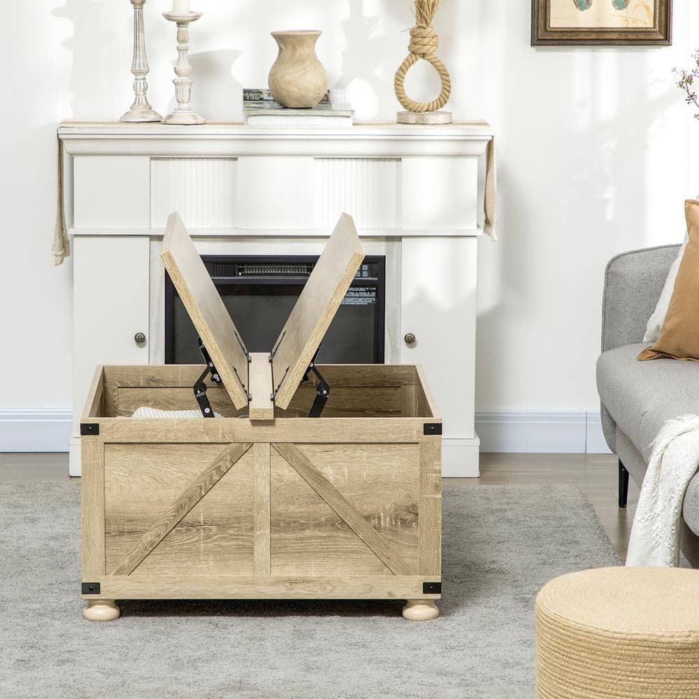 Rustic Farmhouse Square Coffee Table with Hidden Storage, Brown Wood