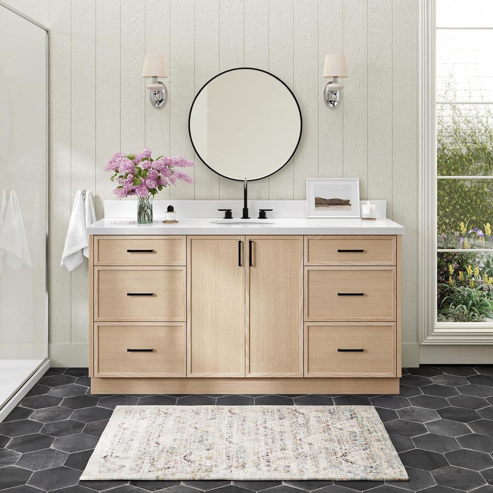 Kelly 66 in. Single Sink Freestanding Bathroom Vanity in White Oak with Pure White Quartz Top price history on PriceWatchPro