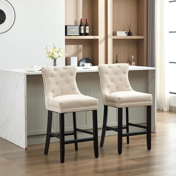 27.56 in. Beige Fabric Upholstered Seat Solid Wood Leg Bar tool, Breakfast Chairs with back (Set of 2)